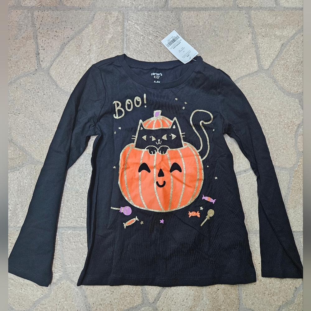 2 NWT CARTERS Black Halloween Cat Pumpkin Kids Shirts. Size 6x And 7.